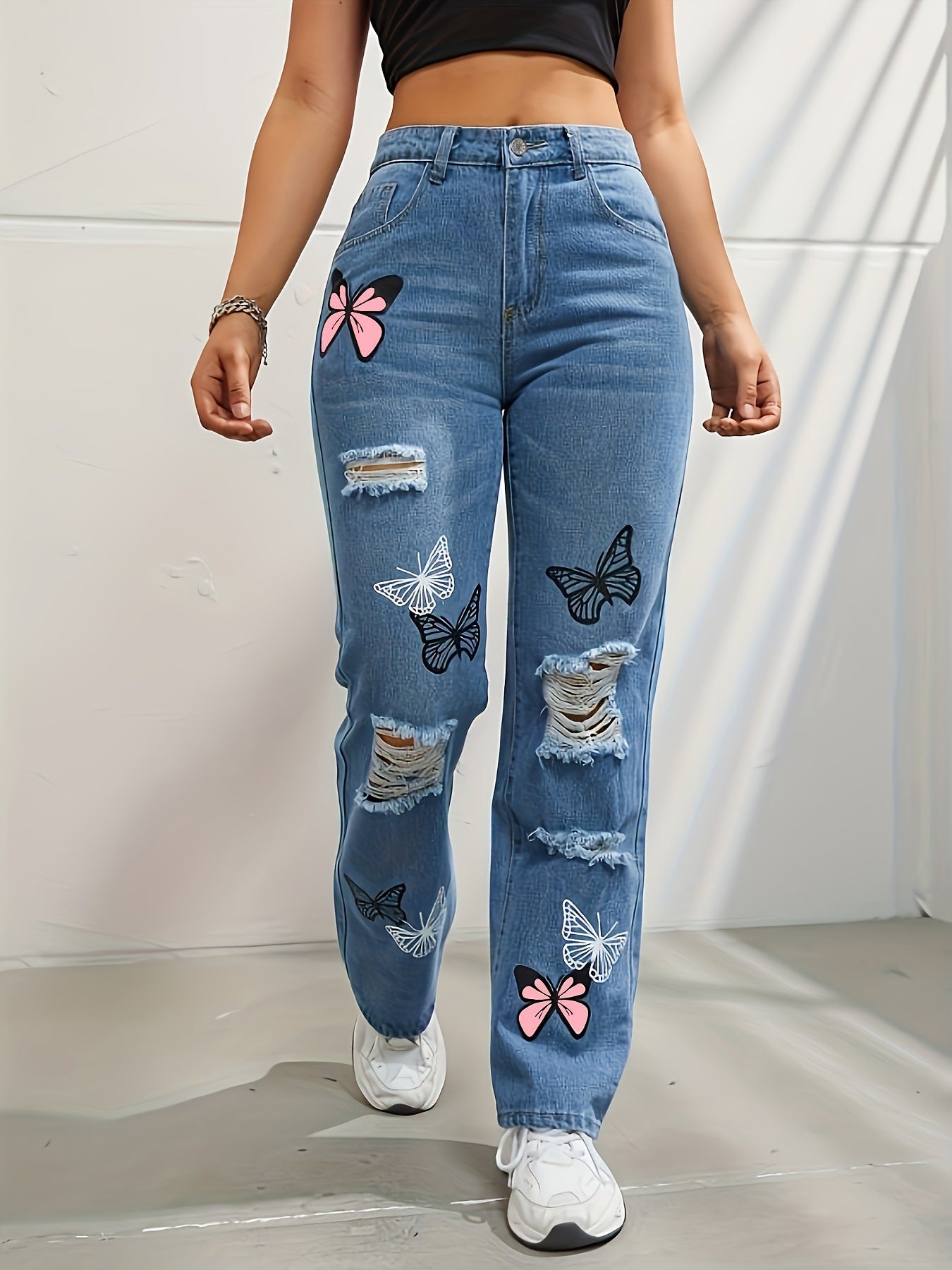 Women's Ripped Butterfly Print Jeans