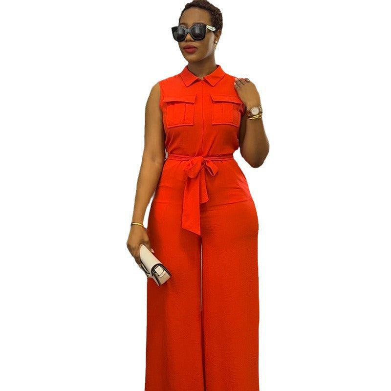 Lapel Pocket Waist Trimming Loose Wide Leg Sleeveless Jumpsuit