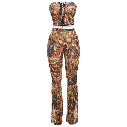 Printed Sleeveless Lace-up Tube Top Trousers Suit