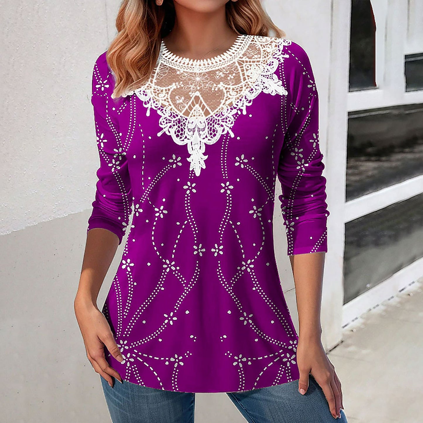 Lace Patchwork Round Neck Casual Printing Loose Long Sleeve Women Top