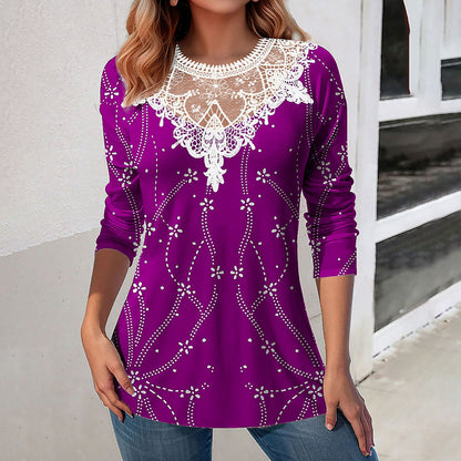 Lace Patchwork Round Neck Casual Printing Loose Long Sleeve Women Top