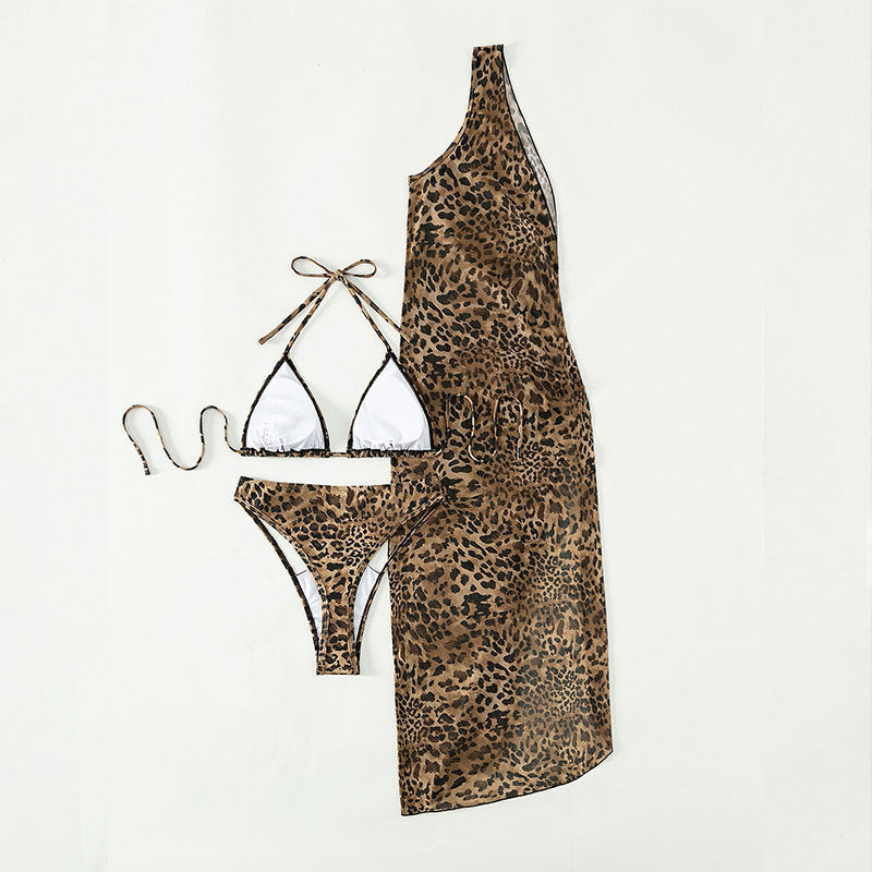 Women's Halter Lace-up Leopard Print Dress Three-piece Set