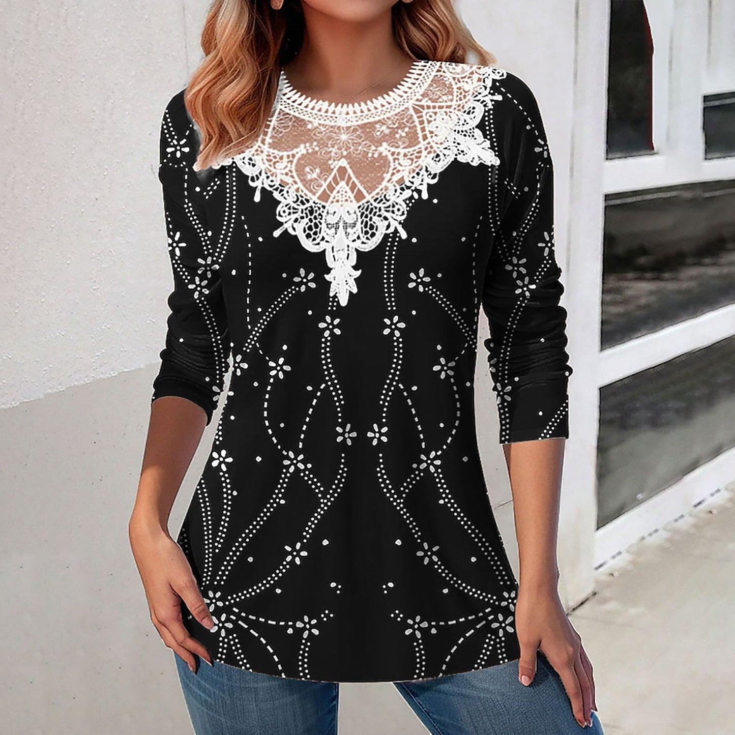 Lace Patchwork Round Neck Casual Printing Loose Long Sleeve Women Top