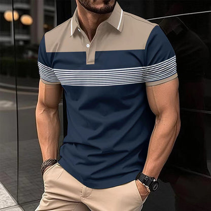 Men's Casual V-neck Button Business Striped All-matching Polot Shirt