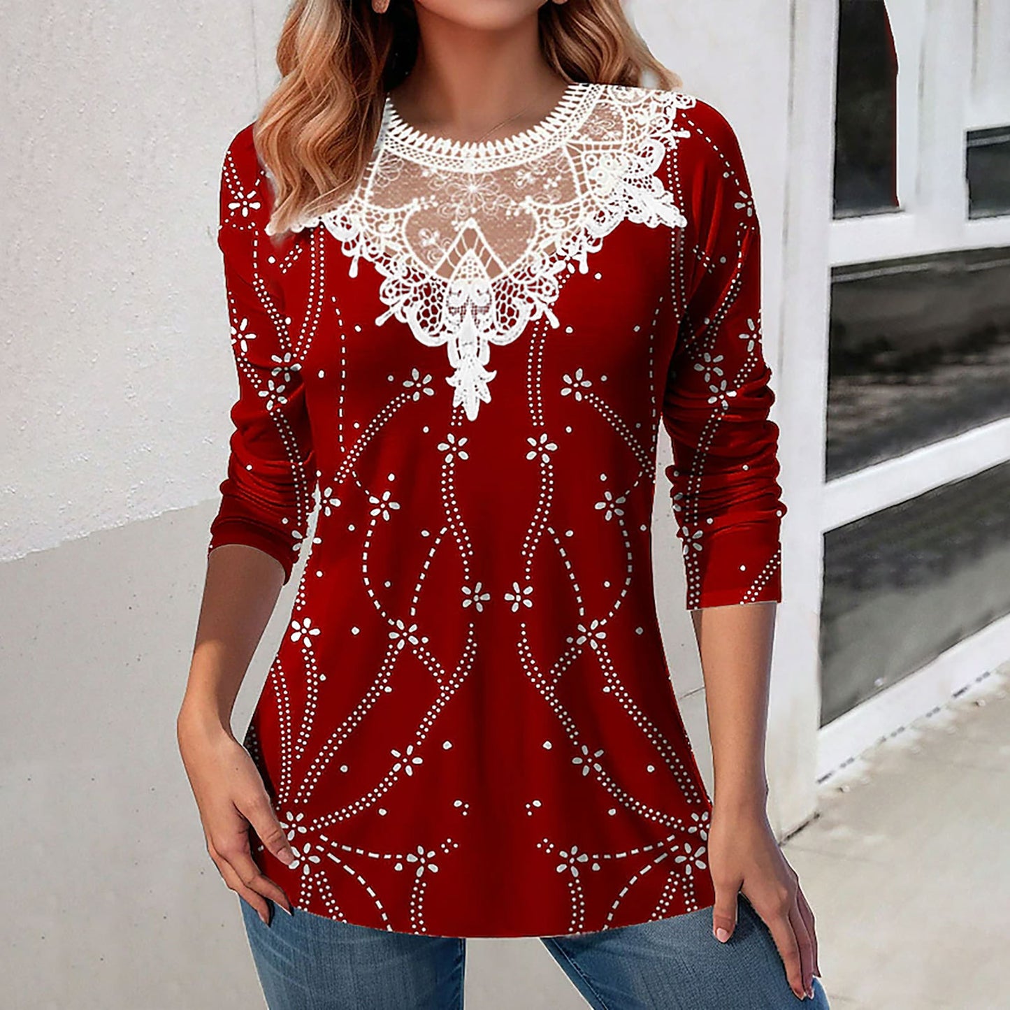 Lace Patchwork Round Neck Casual Printing Loose Long Sleeve Women Top