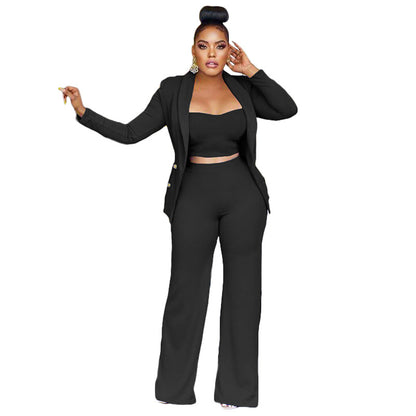 Jacket Vest Wide Leg Pants Three Piece Set