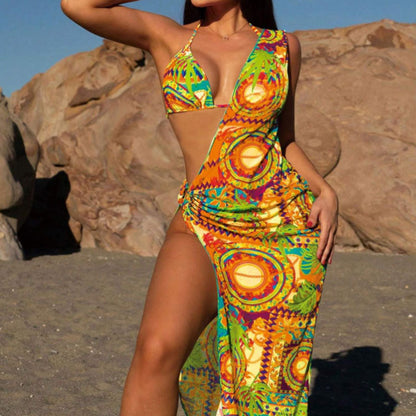 Printed One-shoulder Beach Dress Swimsuit Three-piece Set