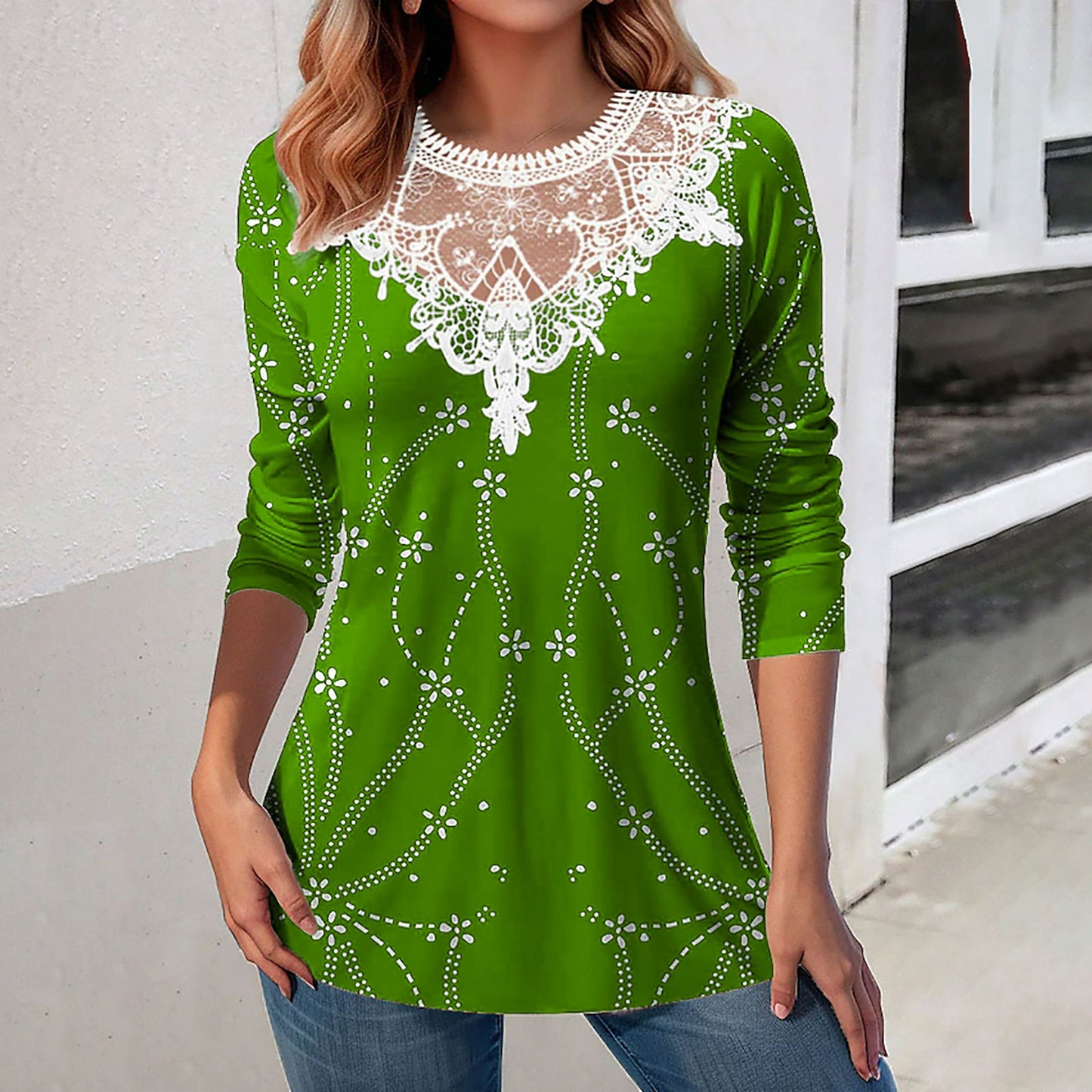 Lace Patchwork Round Neck Casual Printing Loose Long Sleeve Women Top