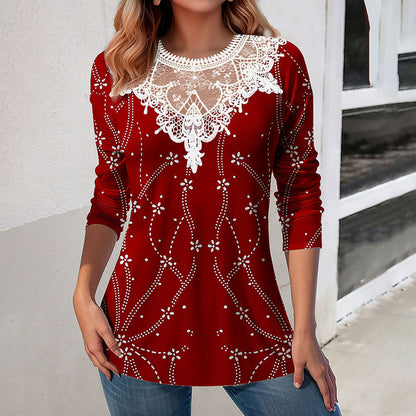 Lace Patchwork Round Neck Casual Printing Loose Long Sleeve Women Top