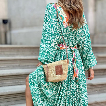 V-neck Long Sleeve Mid-length Printed Dress