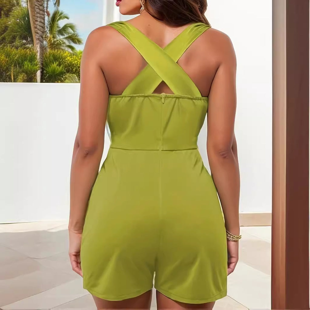 Women's Solid Color Sleeveless Cross-Back Sling Jumpsuit