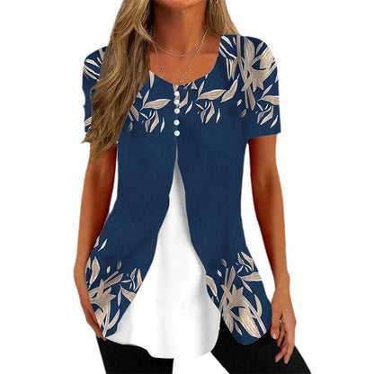 Women's Round Neck Printed Fake Two Pieces Short Sleeve Shawl Pullover T-shirt Tops