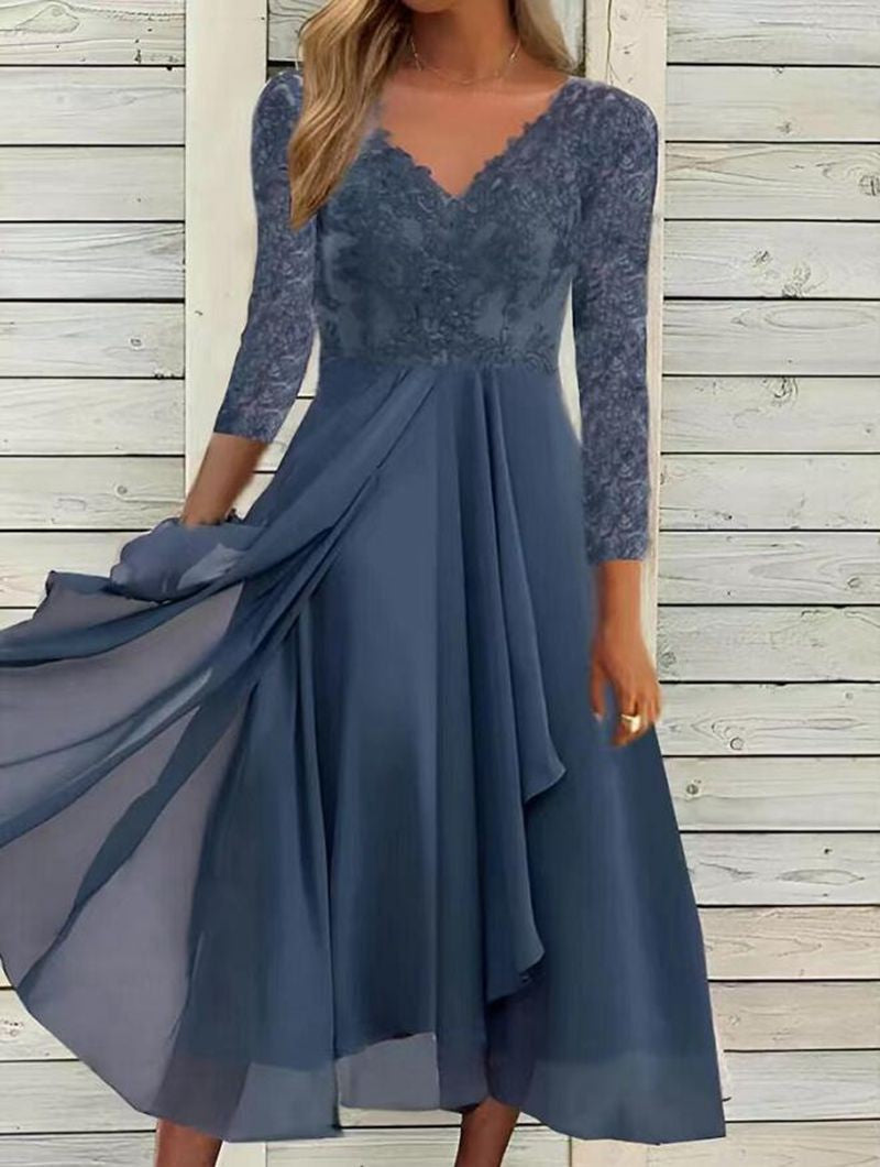 Long Sleeve Chiffon Dress V-neck Patchwork Women