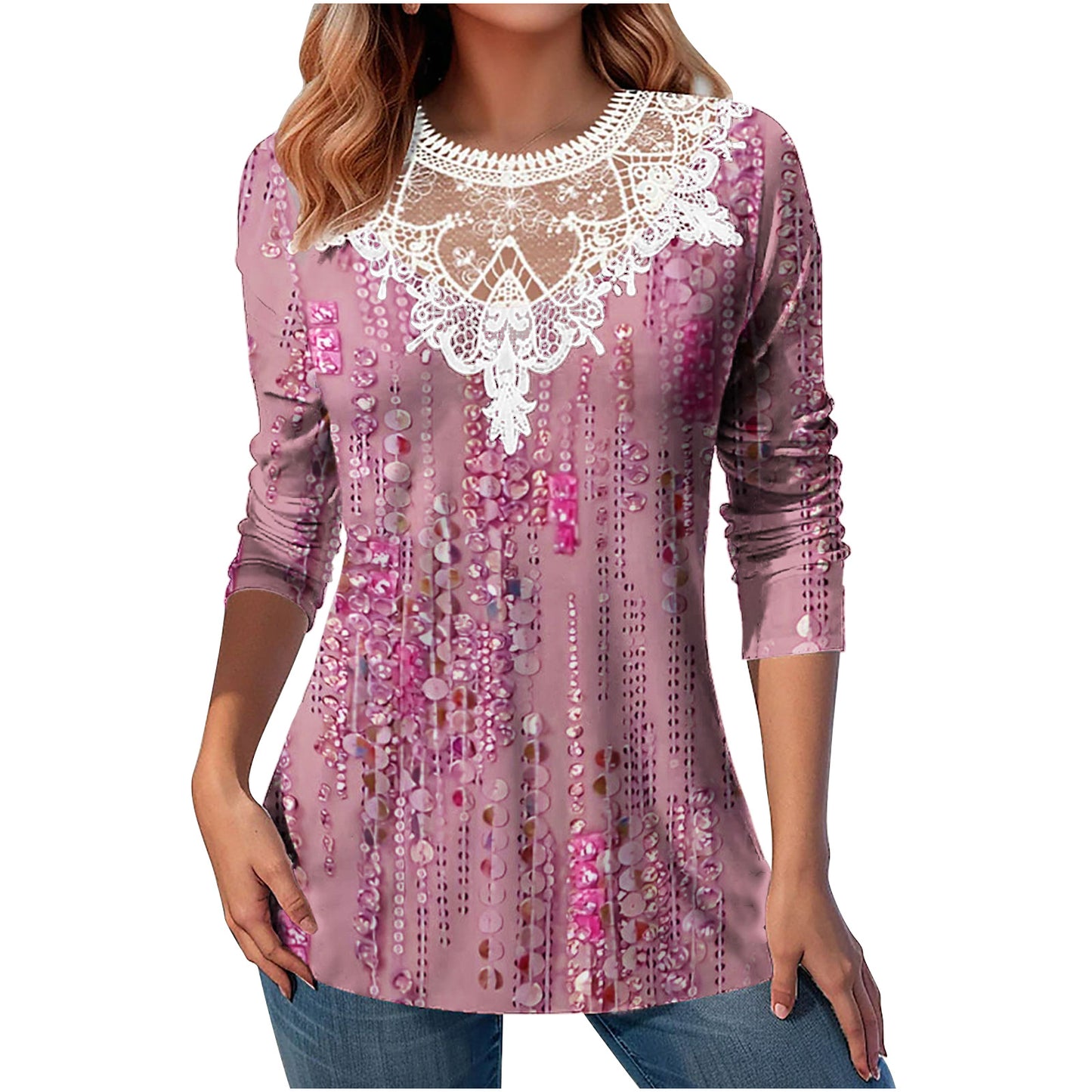 Lace Patchwork Round Neck Casual Printing Loose Long Sleeve Women Top