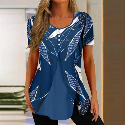 Women's Round Neck Printed Fake Two Pieces Short Sleeve Shawl Pullover T-shirt Tops