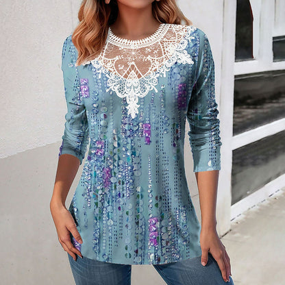 Lace Patchwork Round Neck Casual Printing Loose Long Sleeve Women Top