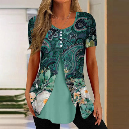 Women's Round Neck Printed Fake Two Pieces Short Sleeve Shawl Pullover T-shirt Tops