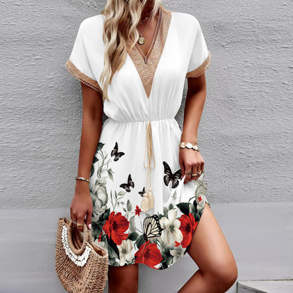 Printed Short Sleeve Lace V-neck Tight Waist Dress