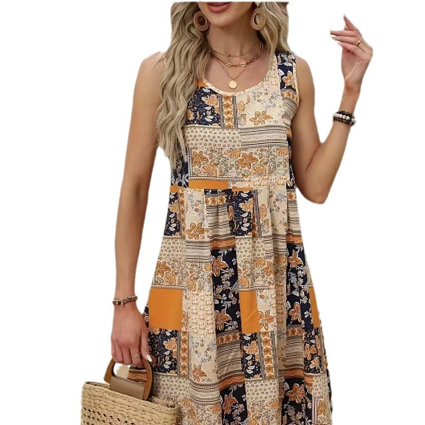 Floral Popular Round Neck Sleeveless Midi Dress