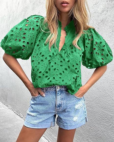 Women's Lantern Sleeve V-neck Buttons Hollow Lace Embroidered Shirt