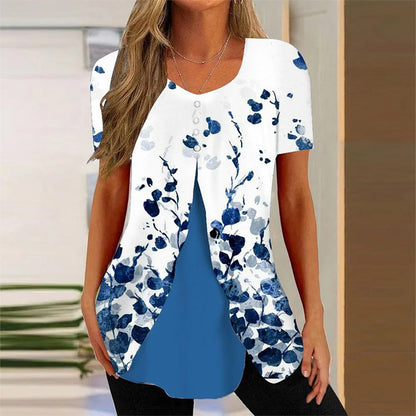 Women's Round Neck Printed Fake Two Pieces Short Sleeve Shawl Pullover T-shirt Tops