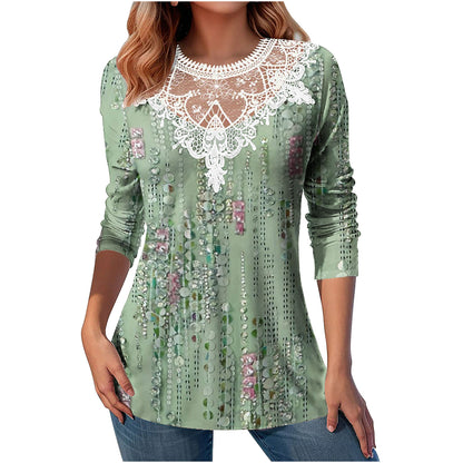 Lace Patchwork Round Neck Casual Printing Loose Long Sleeve Women Top