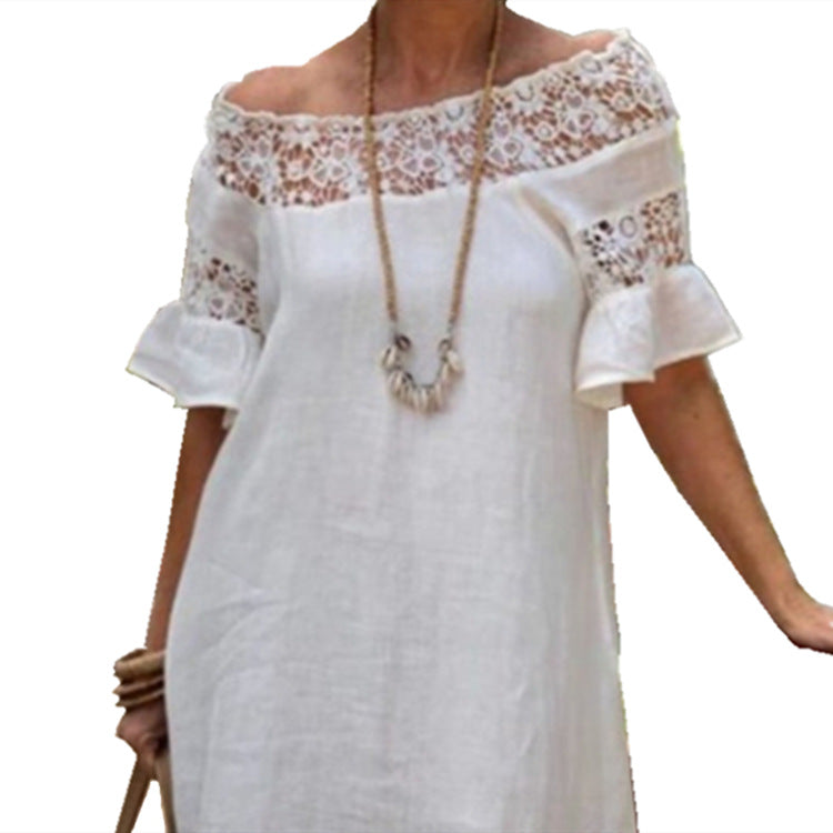 White Lace Ruffled Short Sleeves Hollow Dress