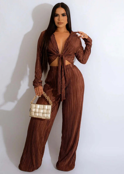 Elegant 2-Piece Set V-Neck Crop Top  Wide Leg Pants for Club Outfits