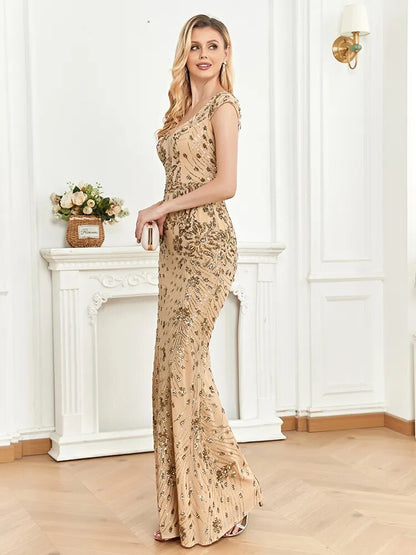 Elegant Champagne Evening Dress - Deep V-neck Mermaid Gown