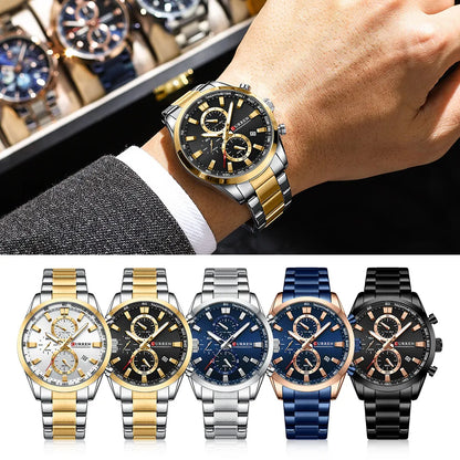 Casual Sporty Style Stainless Steel Band Men's Chronograph Watch with Date