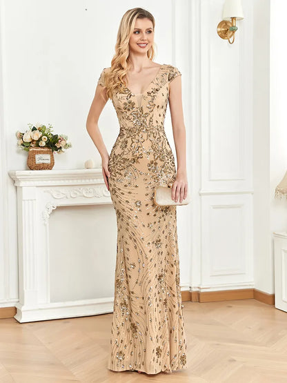 Elegant Champagne Evening Dress - Deep V-neck Mermaid Gown