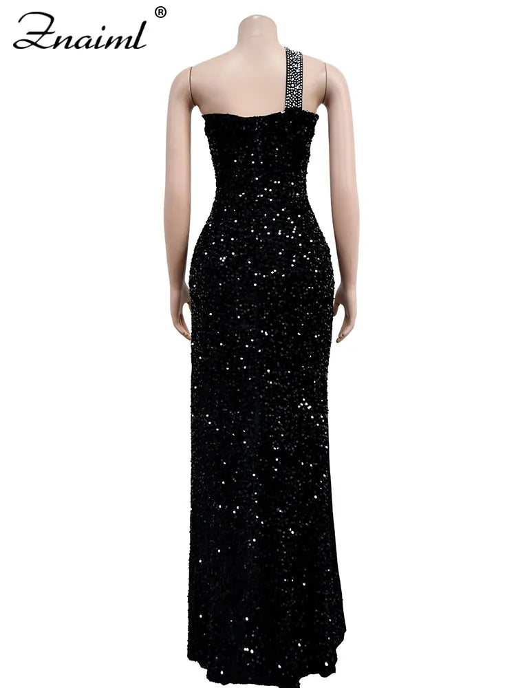 Luxury Sparkly Evening Wedding Celebrity Sequined Diamonds High Split Mermaid Long Dress