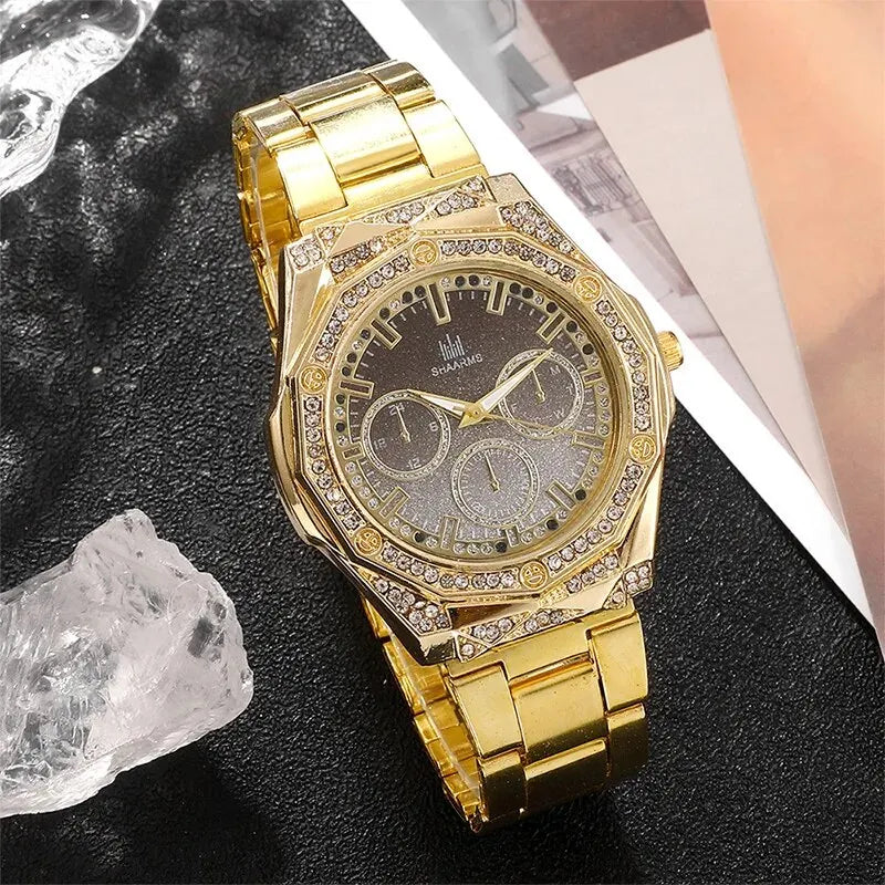 Women Ring Necklace Earring Rhinestone Fashion Wristwatch Casual Ladies Bracelet Watches Jewelry Set