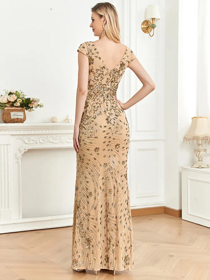 Elegant Champagne Evening Dress - Deep V-neck Mermaid Gown