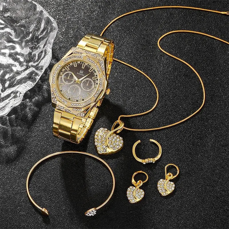 Women Ring Necklace Earring Rhinestone Fashion Wristwatch Casual Ladies Bracelet Watches Jewelry Set