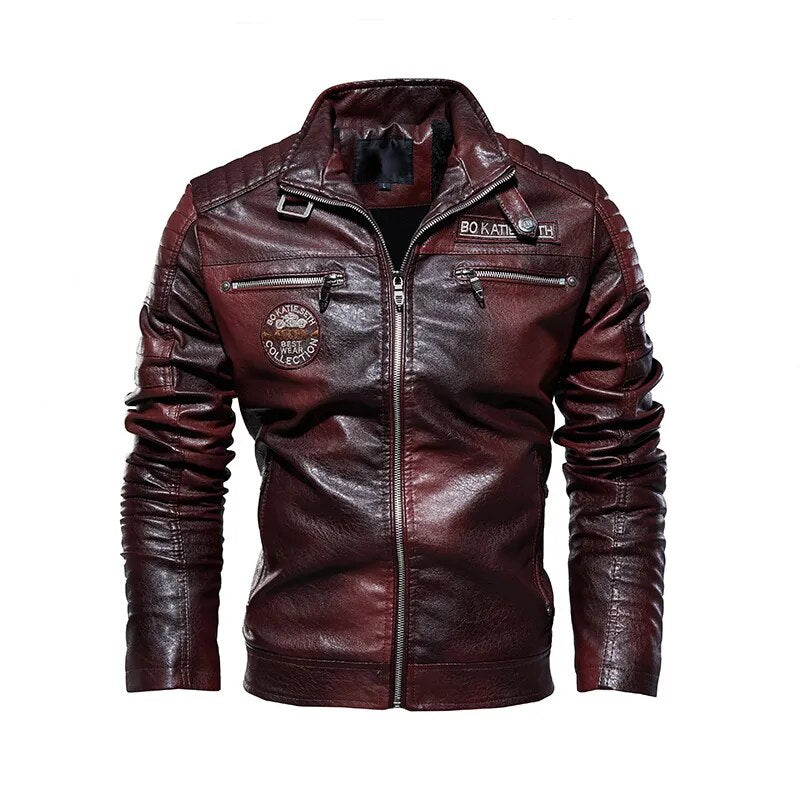 Men Winter Fleece Motorcycle Faux Leather Jacket