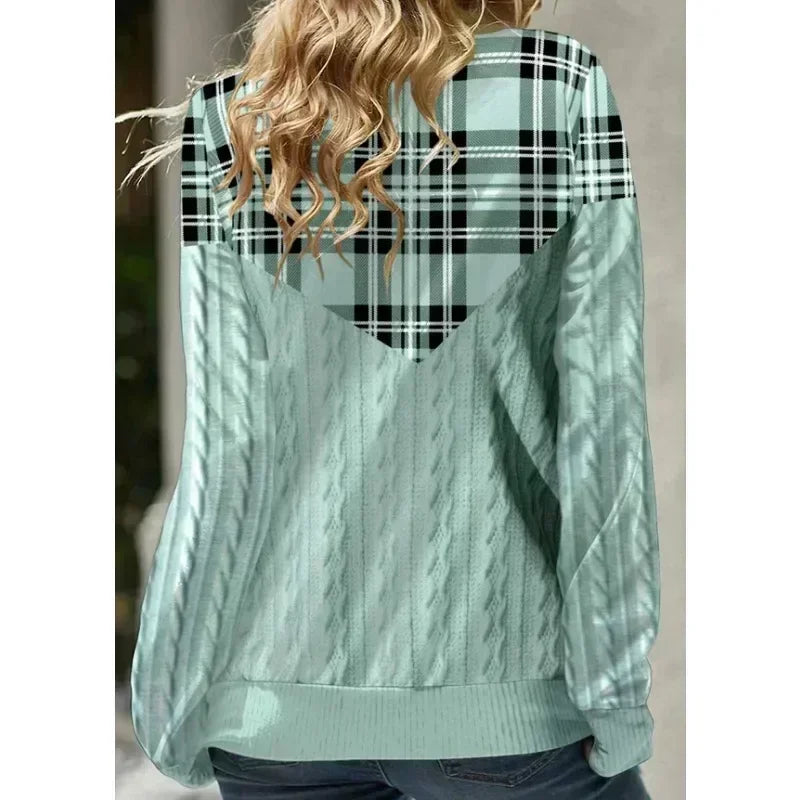 Women Casual Loose High Neck Plaid Long Sleeve Hooded Top