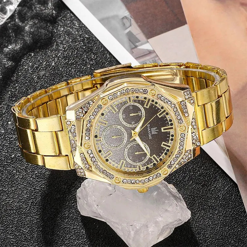 Women Ring Necklace Earring Rhinestone Fashion Wristwatch Casual Ladies Bracelet Watches Jewelry Set