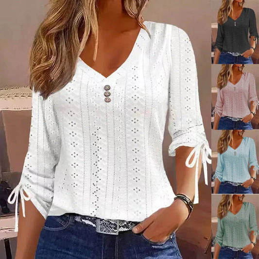 Women Elegant  V Neck Casual Loose Solid Color Buttons Long-sleeved T-shirt
