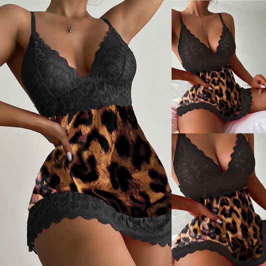 Women's V-Neck Spaghetti Straps Leopard Printed Nightdress