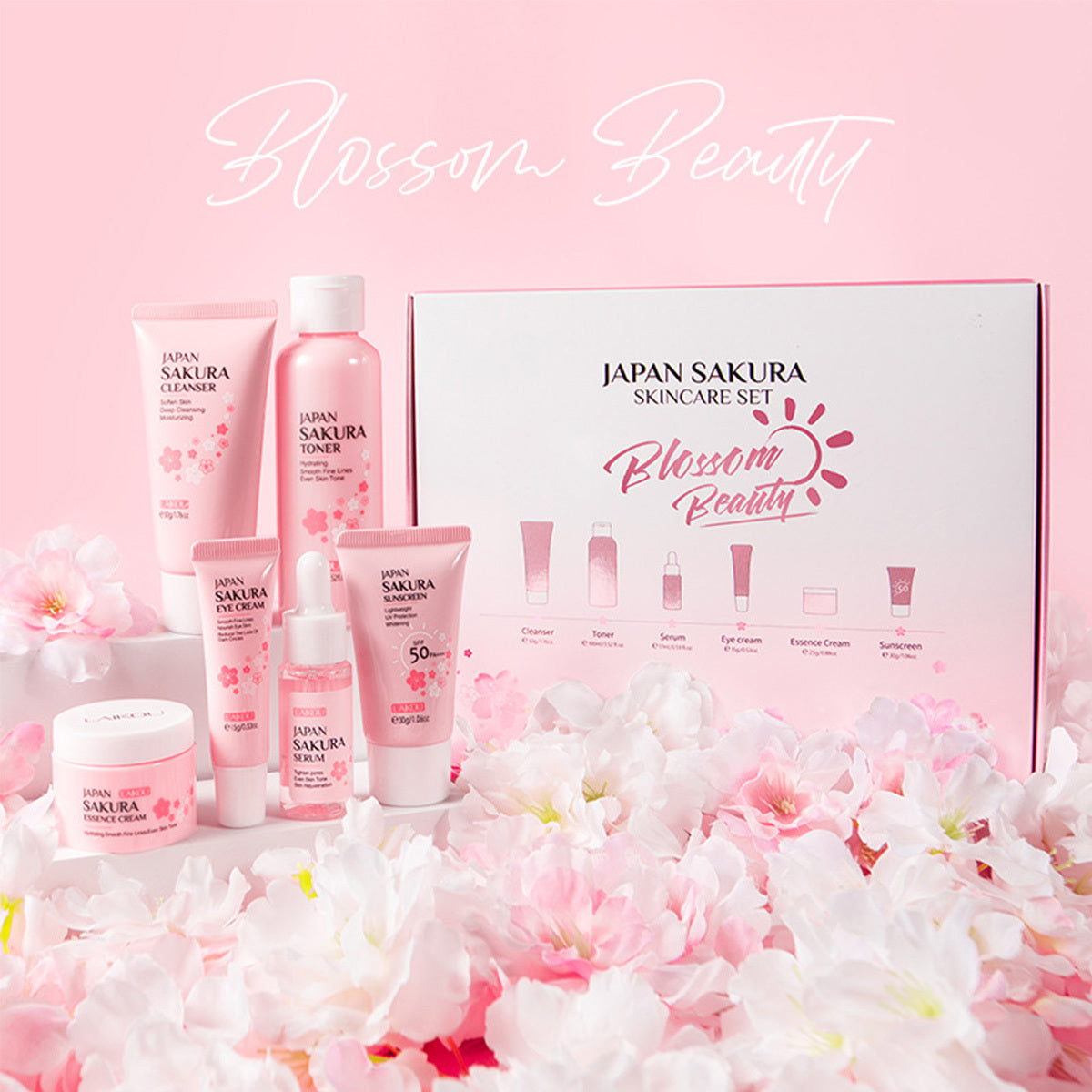 Japan Sakura Women's Travel Skin Care Set - Cleanser, Toner, Lotion, Serum, Eye Cream, Face Cream (TSA-friendly, 6pcs)