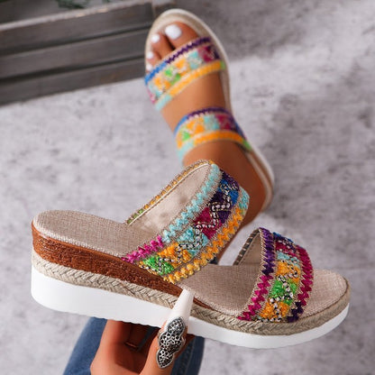 Ethnic Style Woven Wavy Sandals - Women's Summer Linen Wedges