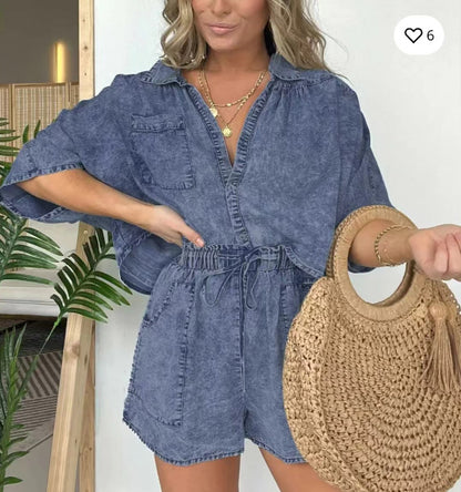 2pcs Loose Denim Suits Summer Casual Bat Sleeve Shirt And Drawstring Shorts With Pockets Women's Set