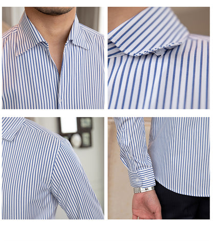 Men  Striped One-piece Collar Long-sleeved Shirt Slim Fit