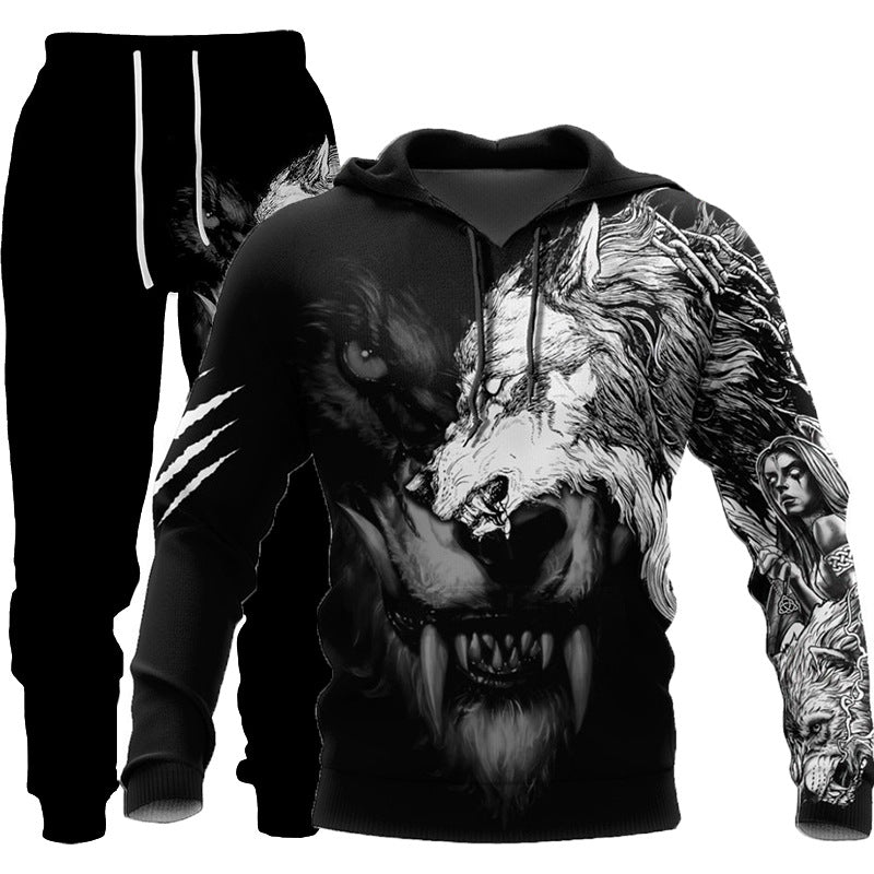 Wolf Print Hooded Tracksuit - Men's Outdoor Fitness Set