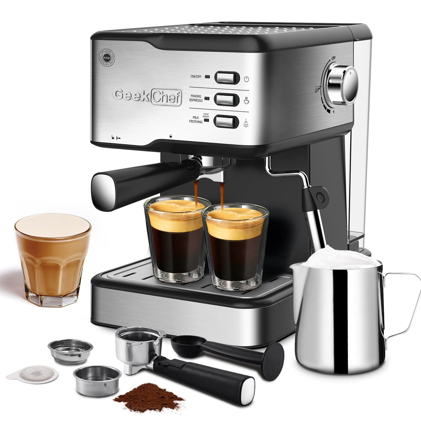 Geek Chef Machine à expresso, expresso et cappuccino Latte Machine à café 20 bars compatible avec filtre à capsules ESE POD et mousseur à lait Baguette vapeur, 950 W, réservoir d'eau 1,5 L, interdit sur Amazon 