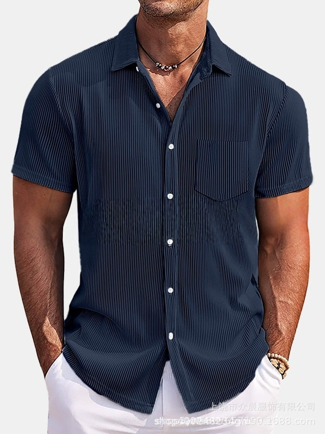 Solid Color Loose Vertical Striped Men's Short-sleeved Shirt