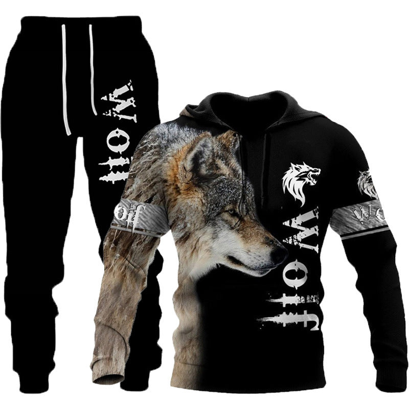 Wolf Print Hooded Tracksuit - Men's Outdoor Fitness Set