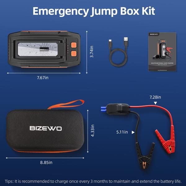 BIZEWO Car Jump Starter Battery Pack, 4000A Peak Car Battery Starter, Portable, For Up To 8.0L Gasoline Or 6.5L Diesel Engine,
