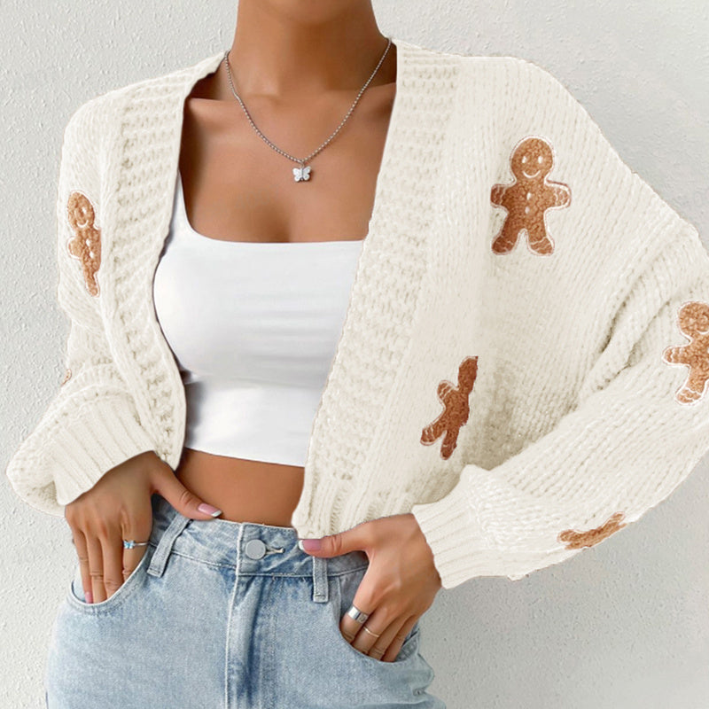 Gingerbread Man Knit Cardigan - Women's Solid V-Neck Ribbed Cuffed Short Sweater, Casual Spring Autumn Polyester Top